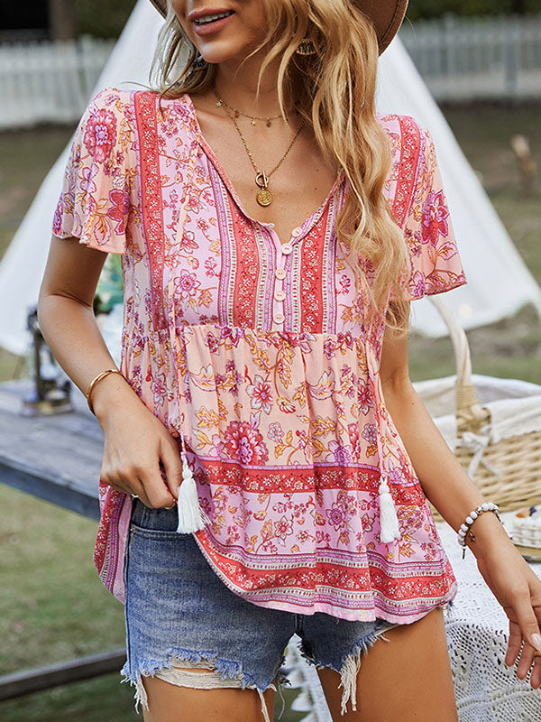 Buttoned Flower Print Split-Joint Tasseled Tied Loose Short Sleeves V-Neck T-Shirts Tops