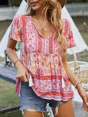 Buttoned Flower Print Split-Joint Tasseled Tied Loose Short Sleeves V-Neck T-Shirts Tops