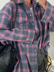 Buttoned Plaid Pockets Split-Joint Long Sleeves Loose Lapel Blouses&shirts Tops
