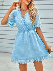 Jacquard Ruffled Solid Color A-Line Loose V-Neck Mini Dresses