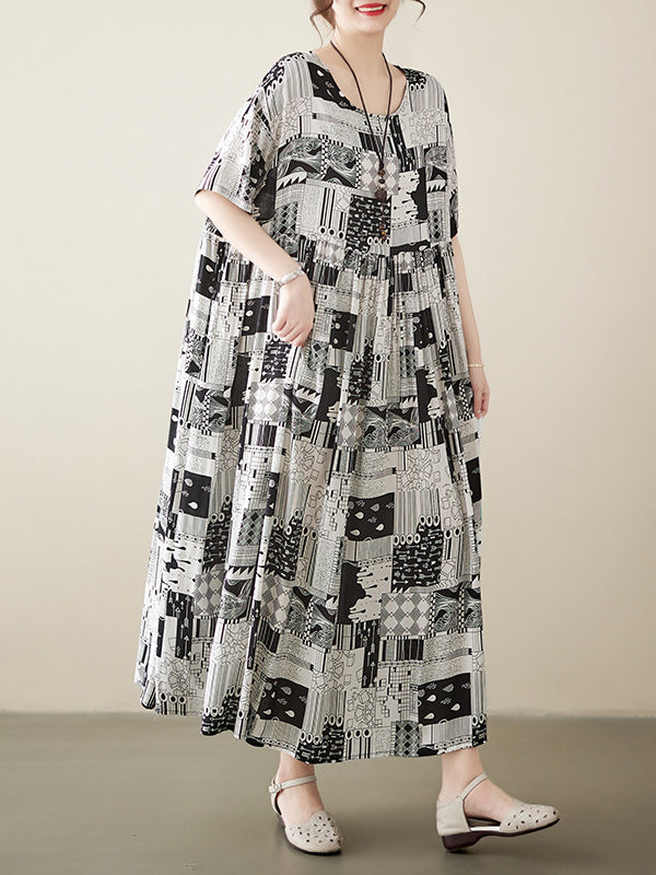 Printed A-line Loose Round-neck Midi Dresses