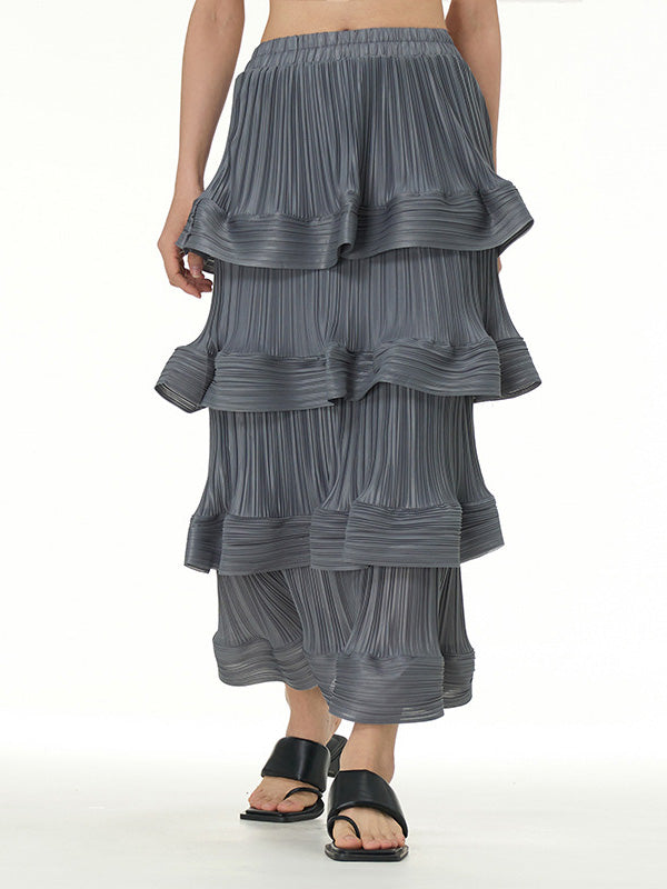 Elasticity Layered Pleated Ruffled Solid Color Loose Skirts Bottoms