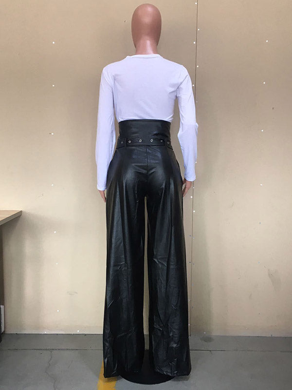 Belted Solid Color Zipper High Waisted Wide Leg Trousers Pants