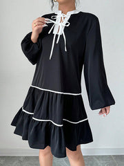 Elasticity Pleated Tied A-Line Long Sleeves V-Neck Mini Dresses