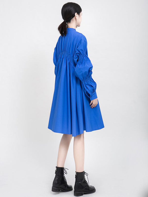 Blue Loose Pleated Cropped Blouse Dress