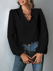 Ruffled Solid Color Long Sleeves Loose V-Neck Blouses&Shirts Tops