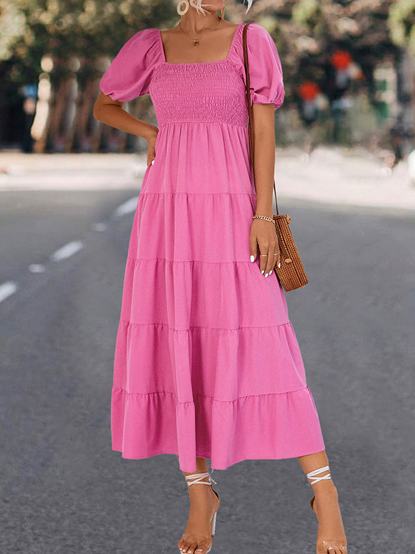 Elasticity Pleated Solid Color Split-Joint A-line Bishop Sleeve Square-neck Midi Dresses