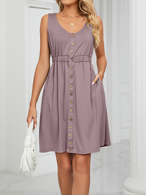 Buttoned Elasticity Pleated Pockets Split-Joint A-Line Loose Round-Neck Mini Dresses