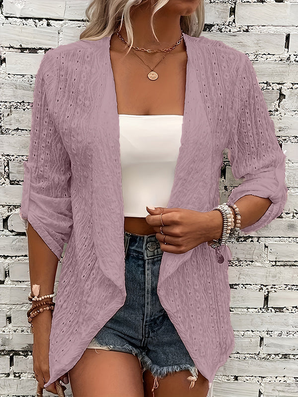 Buttoned Hollow Jacquard Solid Color Long Sleeves Loose Collarless Outerwear