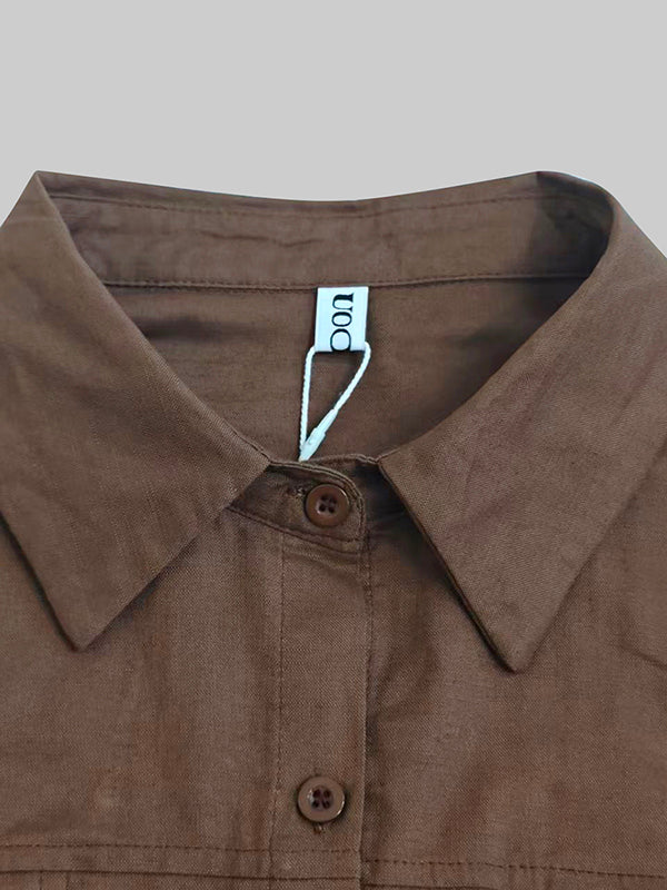 Loose Puff Sleeves Pleated Solid Color Split-Joint Lapel Maxi Dresses Shirt Dress