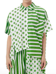 Polka-Dot Split-Joint Striped Irregular clipping Loose Lapel Shirts Tops