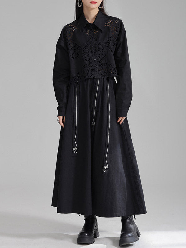 Buttoned Hollow Solid Color Long Sleeves Loose Lapel Blouses&Shirts Tops