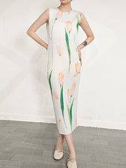 Flower Print Pleated Loose Sleeveless Round-Neck Midi Dresses