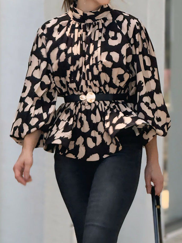 Leopard Pleated Printed Loose Puff Sleeves High Neck Blouses&Shirts Tops