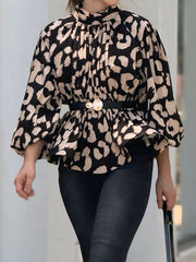 Leopard Pleated Printed Loose Puff Sleeves High Neck Blouses&Shirts Tops