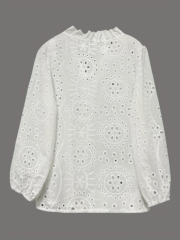 Buttoned Flower Shape Hollow See-Through Single-Breasted Solid Color Split-Joint Irregularity Long Sleeves V-Neck Blouses&Shirts Tops