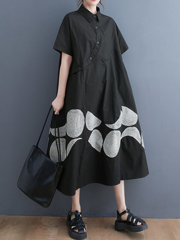 A-Line Oversize Ethnic Printed Contrast Color Printed Split-Joint Lapel Midi Dresses Shirt Dress