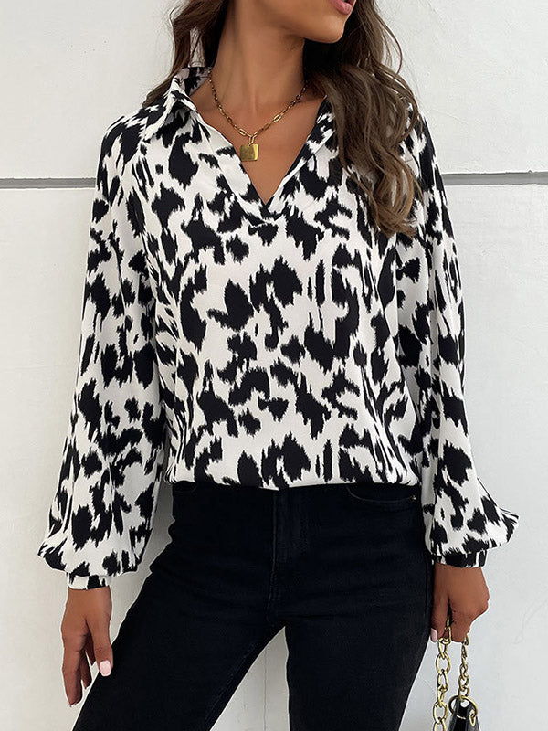 Buttoned Leopard Long Sleeves Loose Lapel Blouses&Shirts Tops