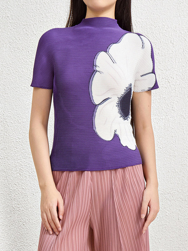 Flower Print Pleated Short Sleeves Mock Neck T-Shirts Tops