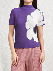 Flower Print Pleated Short Sleeves Mock Neck T-Shirts Tops