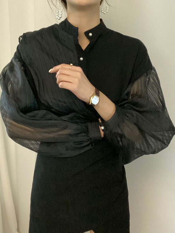 Asymmetric Buttoned See-Through Solid Color Split-Joint Long Sleeves Loose Stand Collar Blouses&shirts Tops