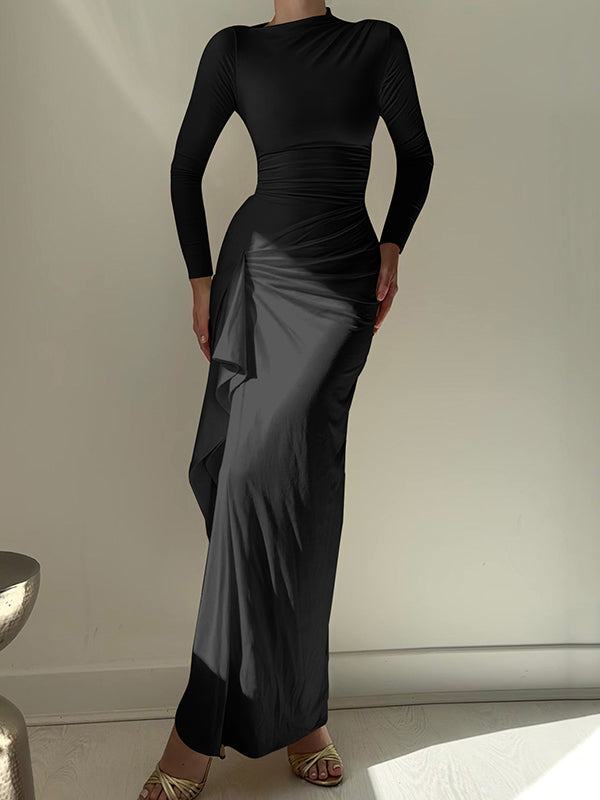 Asymmetric Pleated Ruffled Solid Color Split-Joint Bodycon High Waisted Round-Neck Maxi Dresses