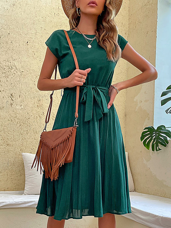 Pleated Solid Color Tied Waist A-Line Loose Round-Neck Midi Dresses