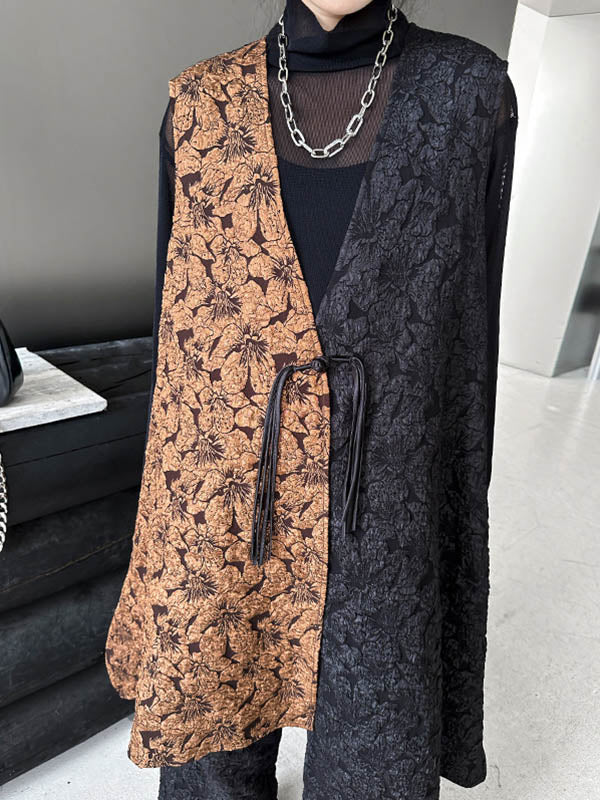 Jacquard A-Line High-Low Asymmetric Contrast Color Vest Top + Elasticity Pants Bottom Two Pieces Set