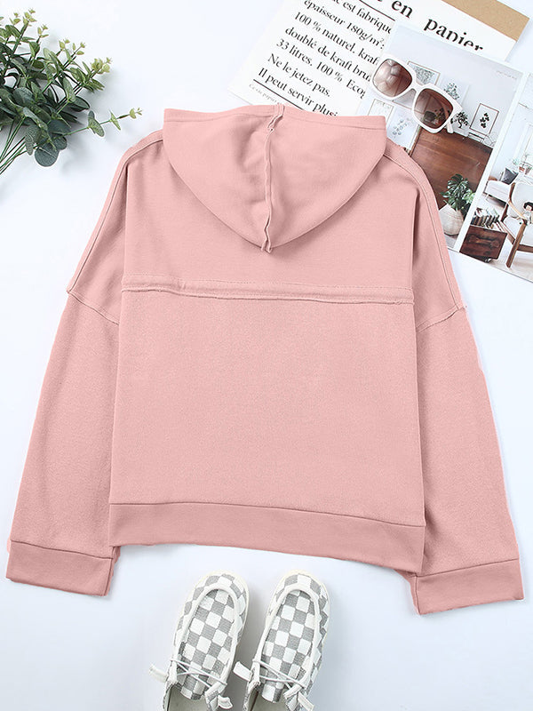 Buttoned Split-Joint Velvet Hooded Long Sleeves Sweatshirt Tops
