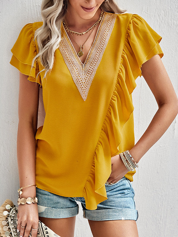 Asymmetric Split-Joint Ruffle Sleeves V-Neck Blouses&Shirts Tops