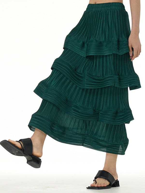Elasticity Layered Pleated Ruffled Solid Color Loose Skirts Bottoms