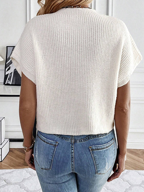 Knitted Flower Loose Short Sleeves Round-Neck Sweater Tops Pullovers