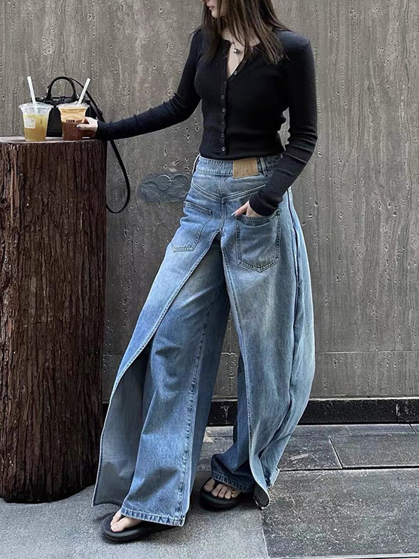 Pockets Reversible False Two Wide Leg Jean Pants Bottoms