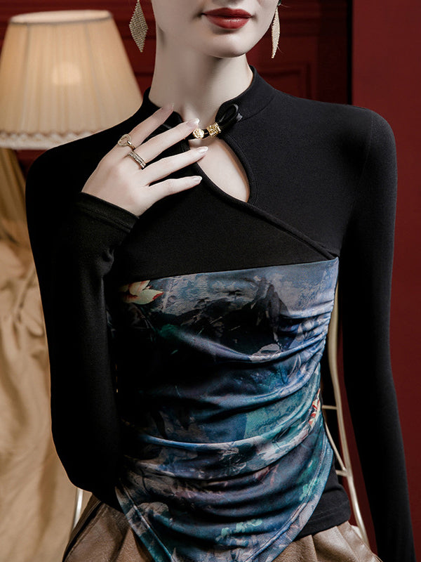 Hollow Pleated Printed Split-Joint Long Sleeves Plus Size Stand Collar T-Shirts Tops