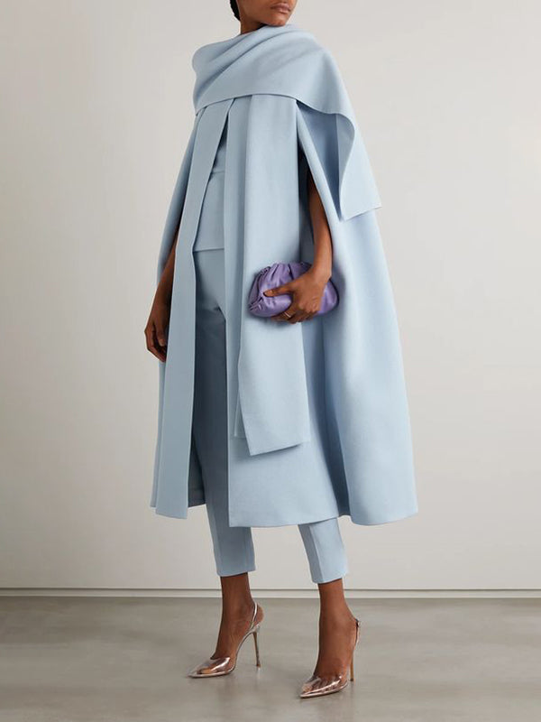 Solid Color Cap Sleeve Round-neck Two Pieces Set Pants Cape