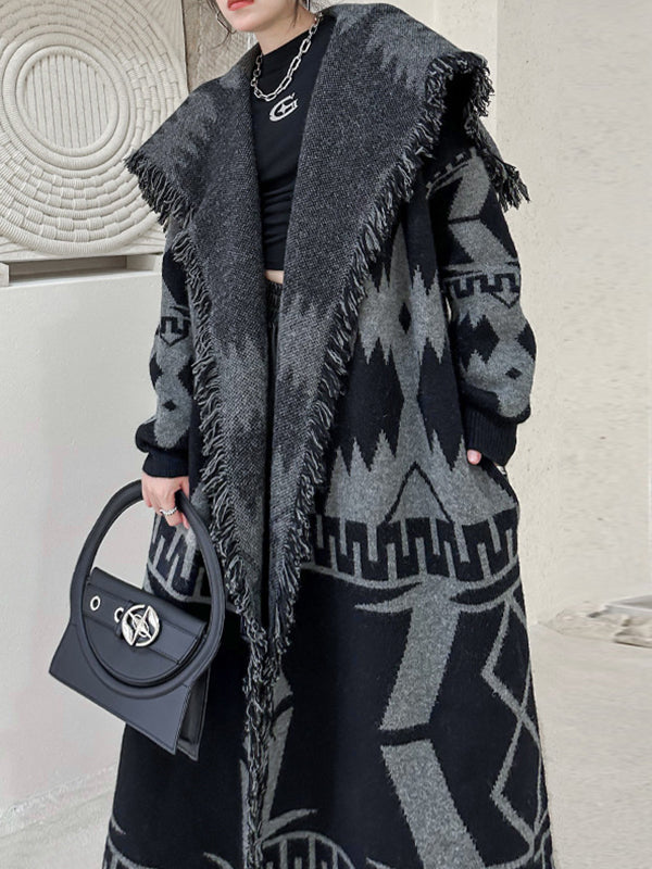 Contrast Color Tasseled Long Sleeves Loose Lapel Cardigan Coats