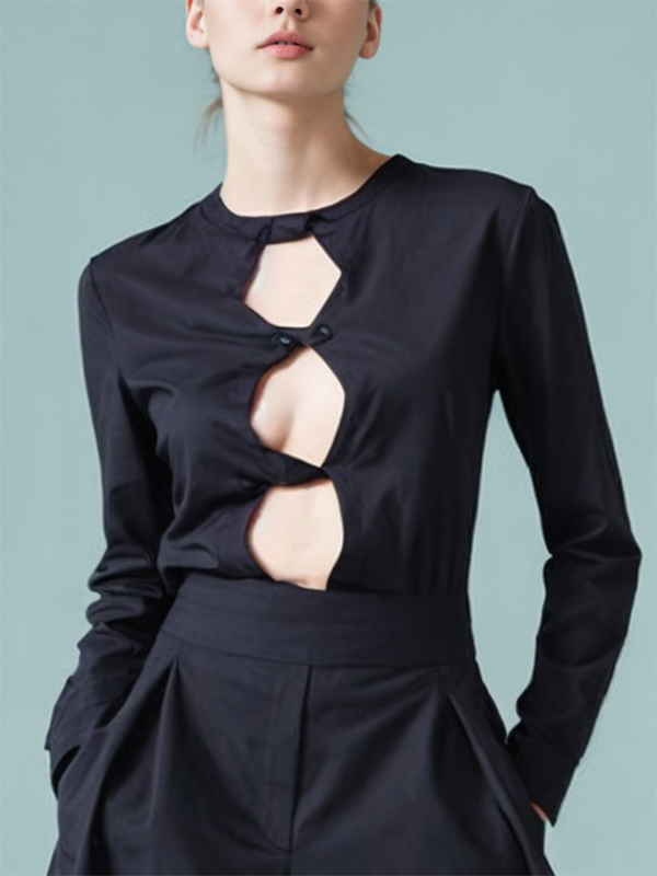 Hollow Solid Color Long Sleeves Skinny Round-Neck T-Shirts Tops