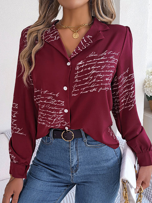 Buttoned Letter Print Long Sleeves Loose Notched Collar Blouses&Shirts Tops
