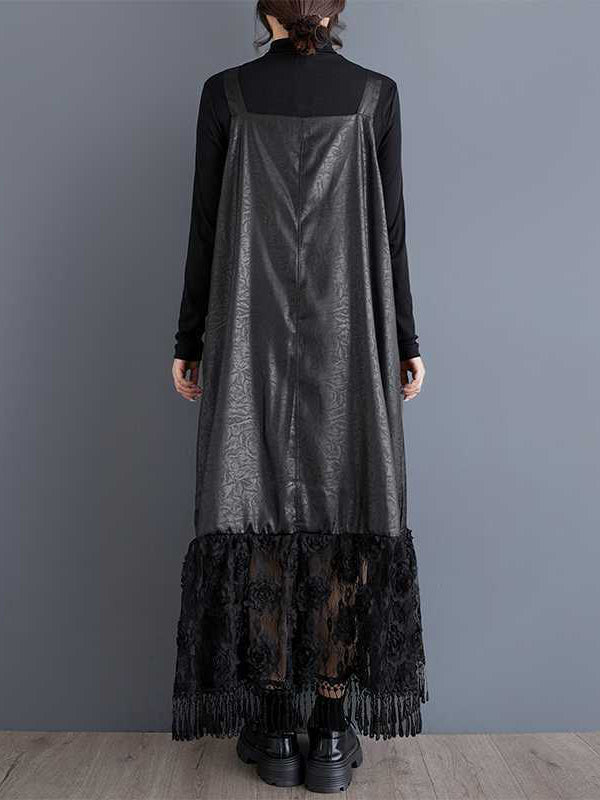 Jacquard Solid Color Split-Joint A-Line Loose Spaghetti-Neck Suspender Dress