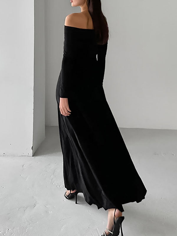 Solid Color High Waisted Long Sleeves Off-The-Shoulder Maxi Dresses