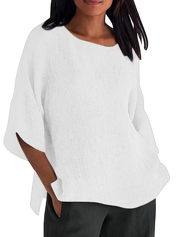 Solid Color Split-Joint Split-Side Linen Three-Quarter Sleeves Round-Neck T-Shirts Tops