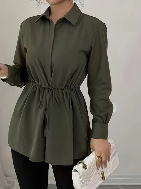 Drawstring Pleated Solid Color Tied Waist Elasticated Waist Long Sleeves Lapel Blouses&Shirts Tops