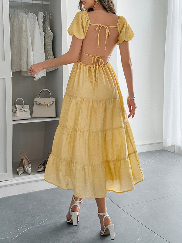 Backless Pleated Solid Color Tied A-Line Loose V-Neck Midi Dresses