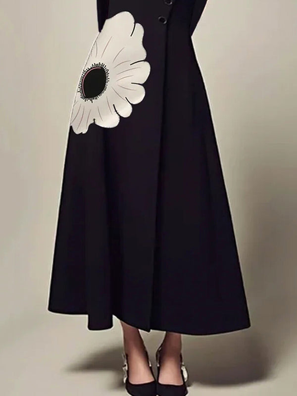 Flower Print A-Line Long Sleeves High Neck Midi Dresses