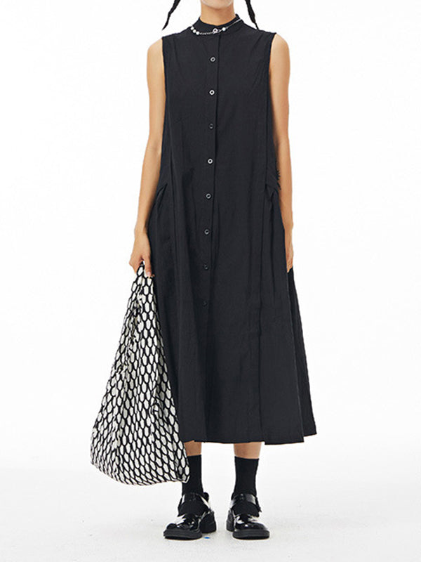 Pleated Solid Color Loose Sleeveless Stand Collar Shirt Dress Midi Dresses