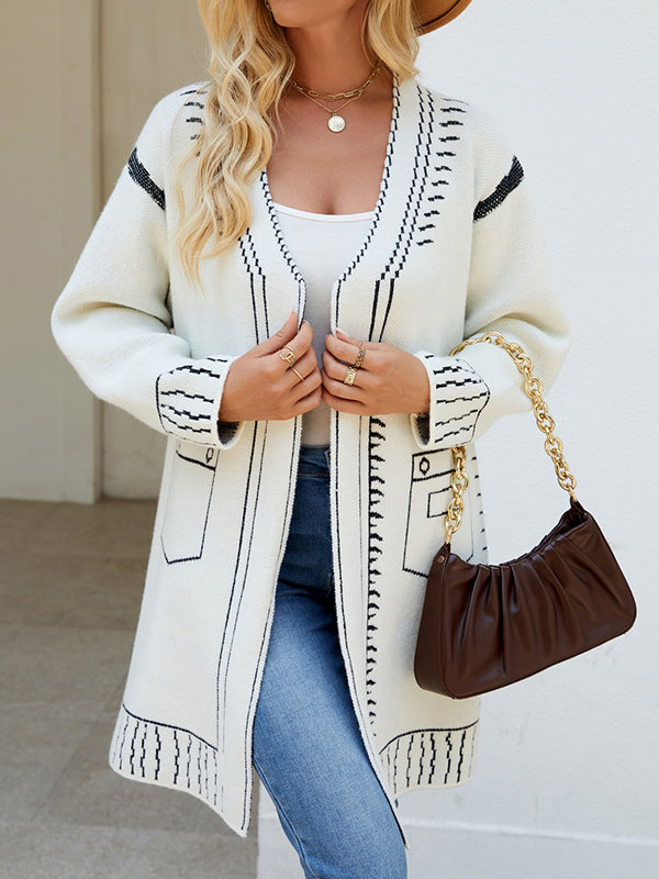 Jacquard Split-Joint Long Sleeves Loose V-Neck Cardigan Tops