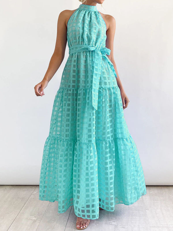 Plaid Ribbed Loose Sleeveless Stand Collar Maxi Dresses