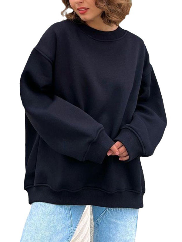 Solid Color Long Sleeves Loose Round-Neck Sweatshirt Tops