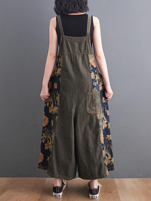Buttoned Floral Printed Split-Joint Loose Oversize Overalls Ninth Pants