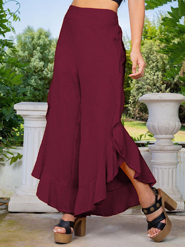 Loose Wide Leg Falbala Solid Color Split-Side Casual Pants